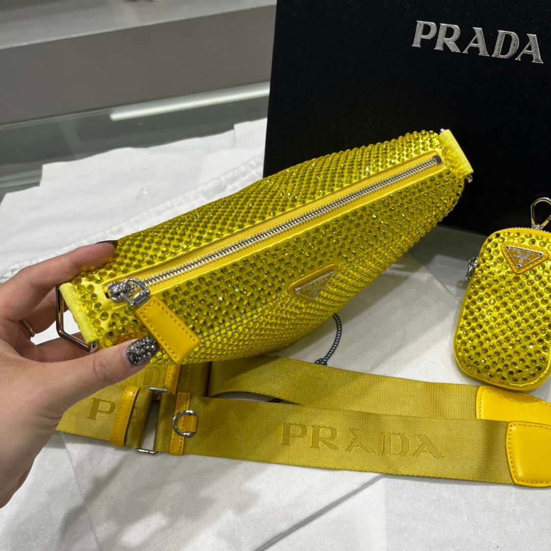 65324db70f882.jpg Replica Prada 1NE190 Crystal-studded satin pouch Yellow39088 - Image 1